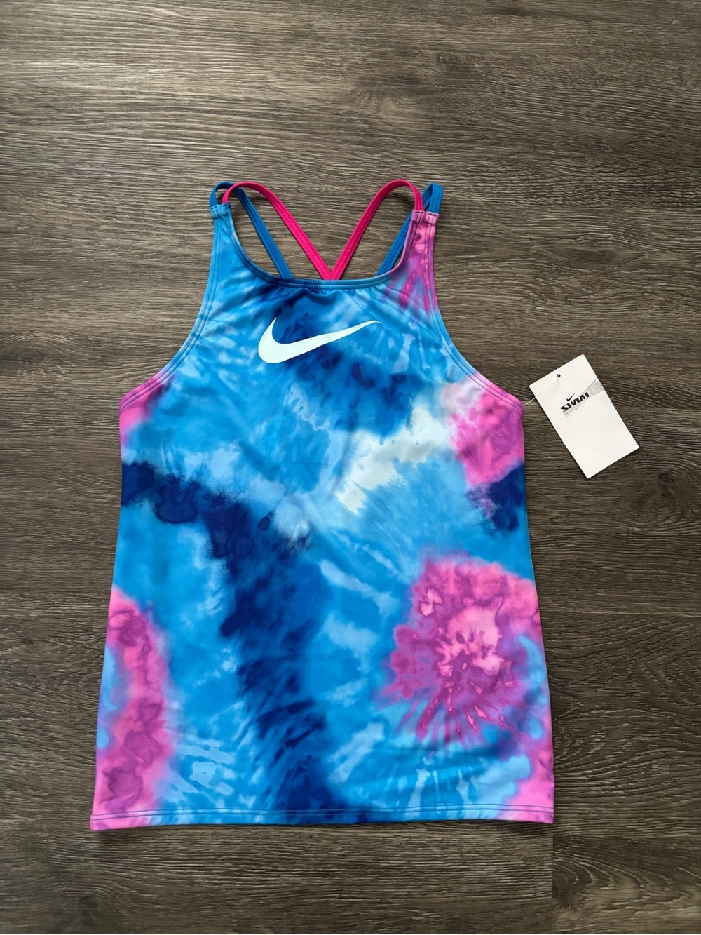 Nike Girl Blue & Pink Tie-Dye Swim Tank with Contrast Straps